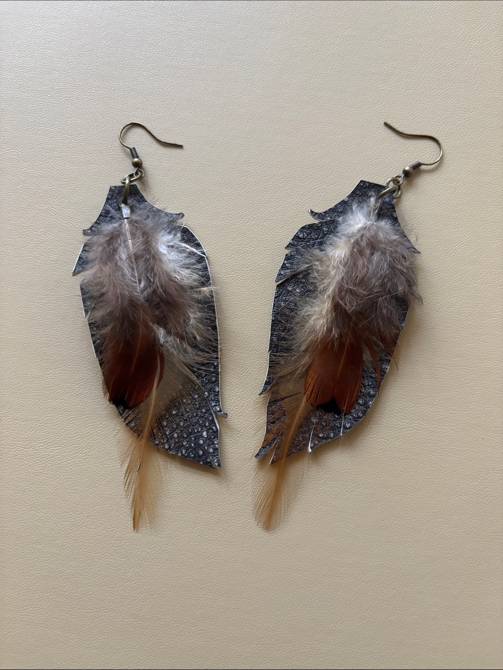 Handmade Artisan Leather & Feather Earrings Boho Western Statement